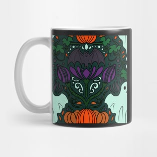 Spooky Ghost and Bat and Pumpkin Halloween Damask Repeat Print Deep Green Mug